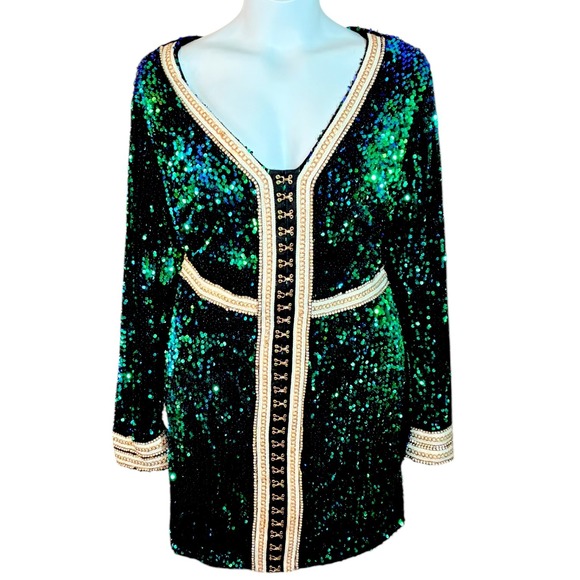 Curvy Plus! Fashion Nova Sequin Party Dress Size 1X Green Blue Long Sleeve - Picture 1 of 6